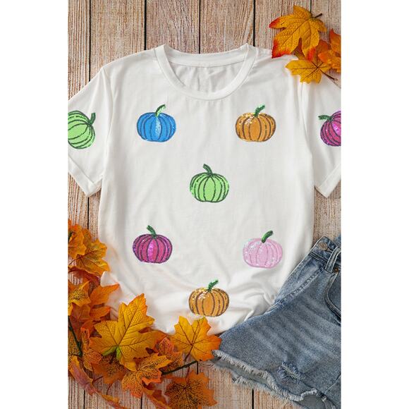 NWT White Sequin Pumpkin T Shirt - Picture 2 of 8